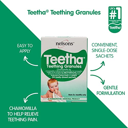 Teetha Baby Teething Granules, 24 Sachets, 3and Months, 6c Chamomilla, Homeopathic Relief for Soothing & Calming Teething Symptoms, System-Booster for Babies & Toddlers