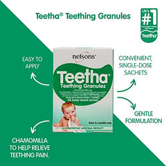 Teetha Baby Teething Granules, 24 Sachets, 3and Months, 6c Chamomilla, Homeopathic Relief for Soothing & Calming Teething Symptoms, System-Booster for Babies & Toddlers