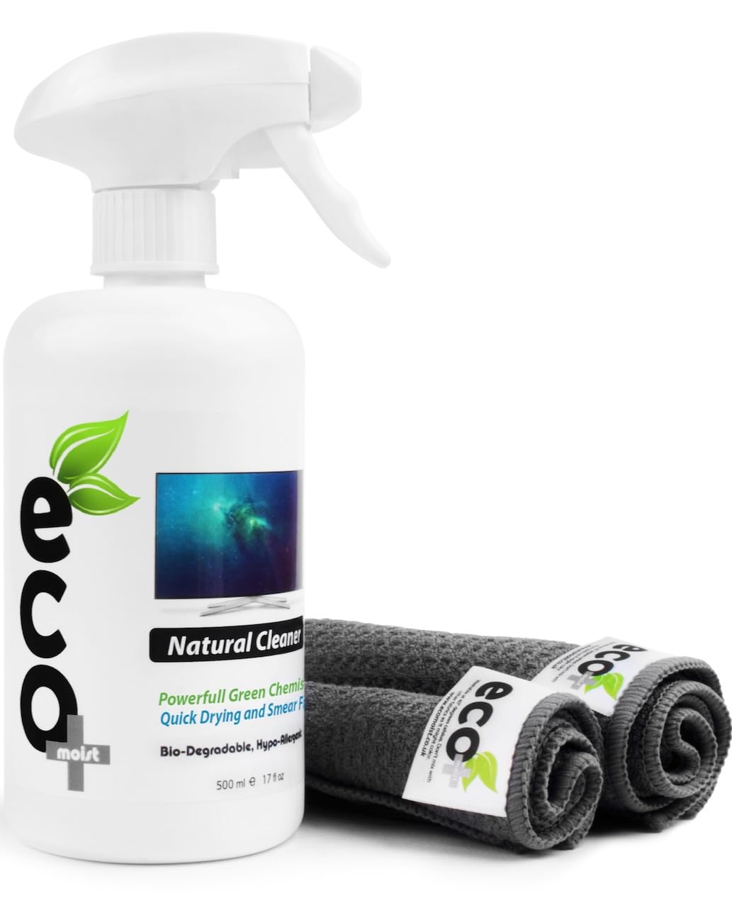 Ecomoist Screen Cleaner 500ml with two Microfibre Towels 40x40cm and 20x20cm Ecofriendly Cleaning Best for LCD LED HDTV Computer Monitors TV iPad iPhone Tablet Smartphone Laptops (500ml)