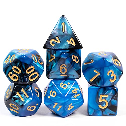 Cusdie 7Pcs/Set DND Dice Set D&D Polyhedral Dice for Dungeons and Dragons Role Playing Dice Games RPGs (Blue Mixed Black)