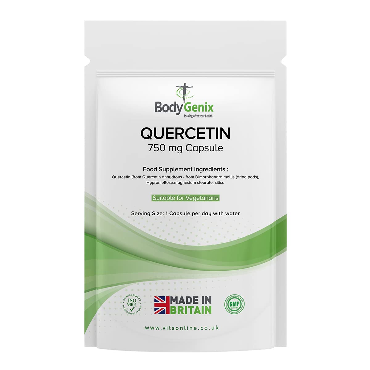 Bodygenix Quercetin 750mg Capsules - Immune System Brain Cardiovascular Health Joints Support Energy Boost Natural Vegan Supplement - 60 Capsules 2 Month Supply