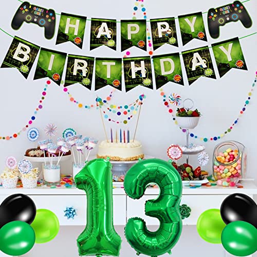 13th Birthday Decorations for Boys, Gaming Party Decorations Set for Gamers, Happy Birthday Banner Game Controller Balloons Black Green Balloons for Kids Teenagers Party Supplies (13th Birthday)