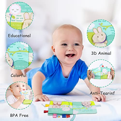 Vicloon Soft Toys Baby Cloth Books, Baby Soft Books, Baby Bath Cloth Book, First Year 3D Animals Tails Crinkle Sensory Touch and Feel Book for Early Development Learning Books (Colorful Bunny)