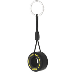 TRIXES Yellow Racing Car Wheel Keyring – Small Keychain - Formula 1 Fan Merchandise - Gifts for Men – Includes: Rubber Tyre Chain & Stainless-Steel Ring to Attach to your Keys Bag or Use for Display