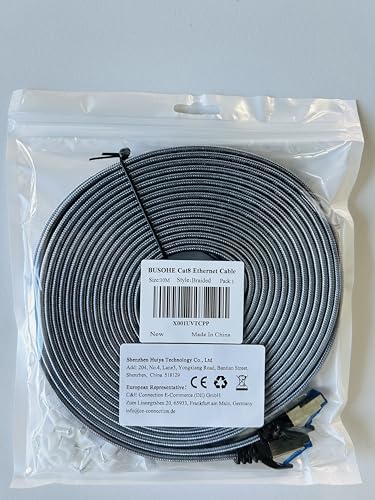 BUSOHE Cat 8 Ethernet Cable 10M, 40Gbps/2000Mhz Flat High Speed Network Cable, Braided Flat Gigabit Rj45 STP Shielded Internet Lan Cables Cord Compatible for PC Xbox PS5/4 Modem Router