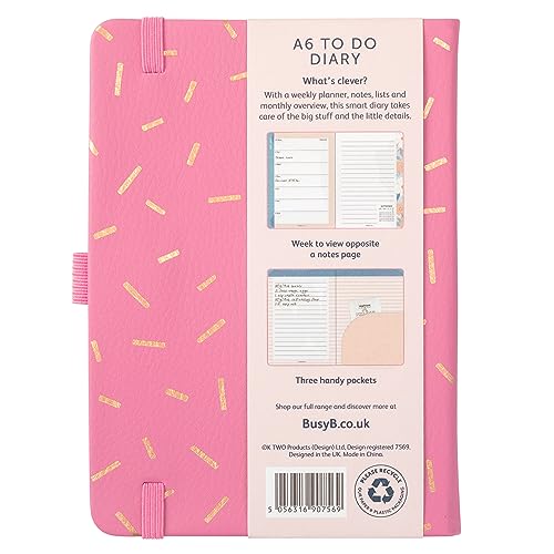 Busy B A6 To Do Diary January to December 2024 - Pink Sprinkle - Faux Leather Week to View Diary with Notes, Tear-Out Lists & Pockets