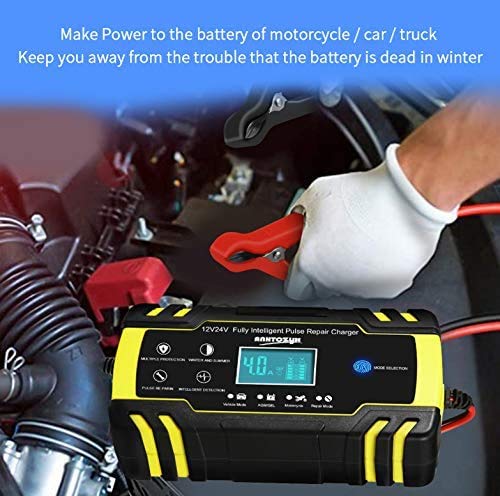 HAUSPROFI 12V/24V 8Amp Automatic Battery Charger with 3-Stage Charging, 6 Charging Mode and LCD Screen, Intelligent Charges, Repairs, Maintains Car Motorcycle Boat Mower Battery