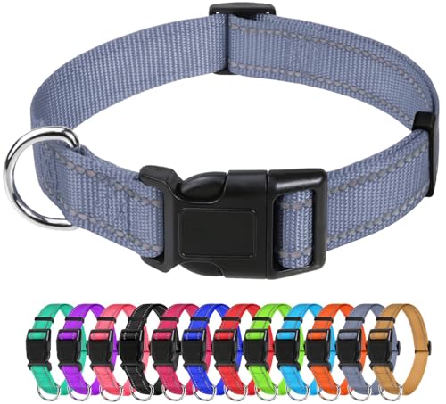 TagMe Reflective Nylon Dog Collars, Adjustable Classic Dog Collar with Quick Release Buckle for Small Dogs, Grey, 1.5 cm Width