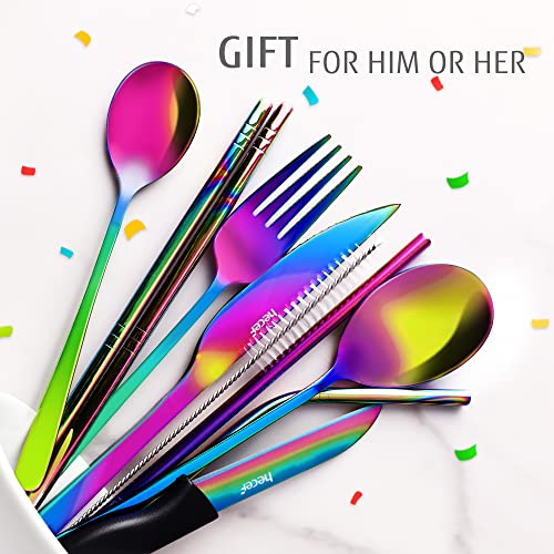 hecef 10 PCS Rainbow Cutlery Set with Compact Cloth Bag, Reusable Stainless Steel Utensils, Handy Flatware Set for Work, School, Camping, and Travel