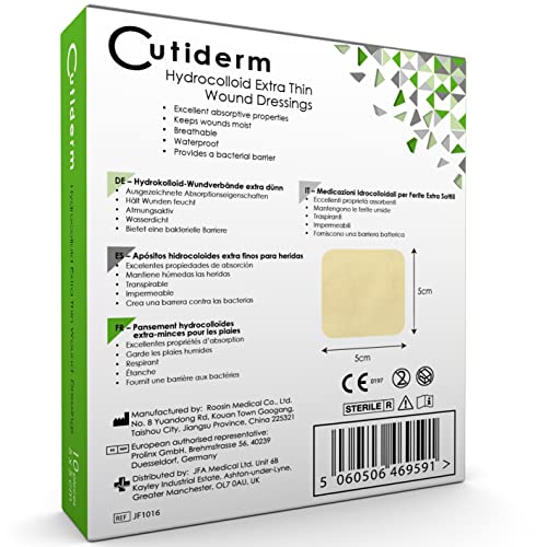 Pack of 10 Cutiderm Sterile Hydrocolloid Extra Thin Adhesive Wound Dressing 5cm x 5cm - for Cuts, Grazes, Superficial and Partial Thickness Burns, Pressure sores, and Venous Leg ulcers