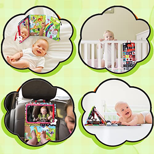 Auney Tummy Time Mirror Toys for Babies, High Contrast Baby Sensory Toys with Crinkle Cloth Book & Teether for Foldable, Newborn Baby Mirror Toy, Montessori Baby Toys 0-6 to 12 Months