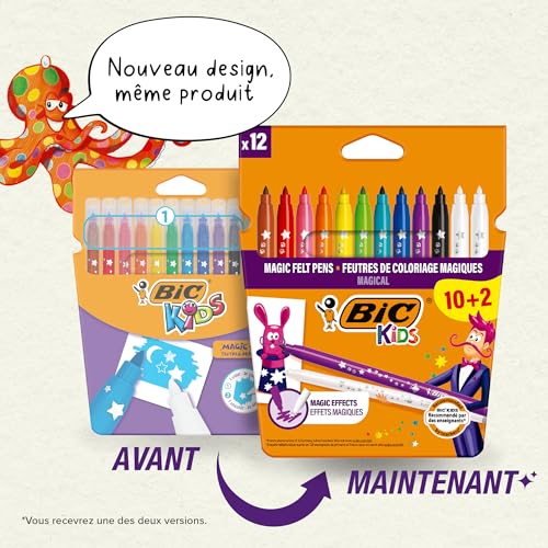 BIC Kids Magic Felt Tip Pens, Erasable Ink with Two Erasers, Washable Colouring Pens, Back to School Supplies, 12 Pack