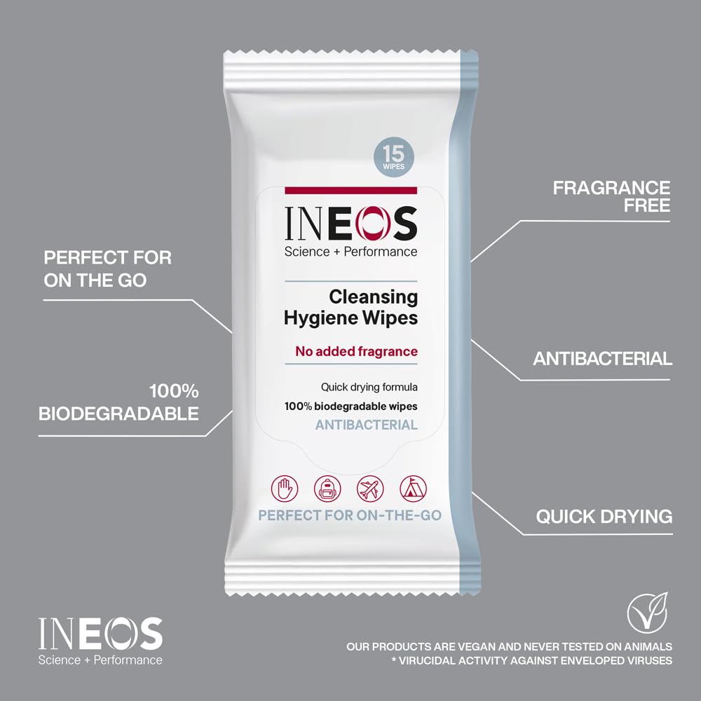 INEOS Cleansing Hygiene Wipes x15, Fragrance Free, Antibacterial, Biodegradable, Perfect For On-The-Go, Packaging May Vary