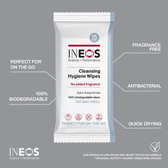 INEOS Cleansing Hygiene Wipes x15, Fragrance Free, Antibacterial, Biodegradable, Perfect For On-The-Go, Packaging May Vary