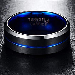 NUNCAD Tungsten Carbide Wedding Ring 8mm Black & Blue Line Brushed Finish Comfort Fit Size T