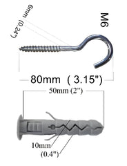 Hooks Heavy Duty Large Screw for Hanging Washing Line Indoor and Outdoor Eye Box of 10pcs Set Size: Wall Plastic Plugs P M10 10x50mm & Hook Screw-in S M6 6x80mm