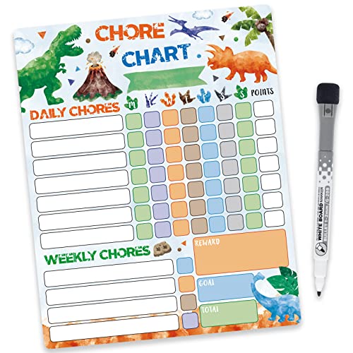 WERNNSAI Dinosaur Chore Chart - Magnetic Reward Chart for Boys Kids Good Behavior Chart with 1 Marker Reusable Dry Erase Responsibility Charts for Fridge Home School Supplies