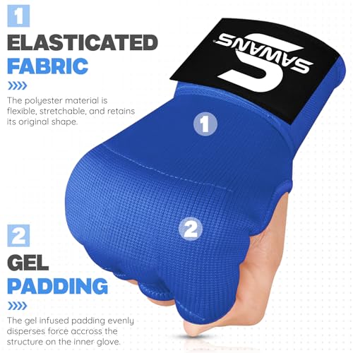 SAWANS Boxing Hand Wraps Inner Gloves for Hand Protection Long Wrist Straps Elasticated, Padded Martial Arts Combat Gloves Punching Bag Training Gel Mitts Muay Thai MMA (L/XL, Blue)