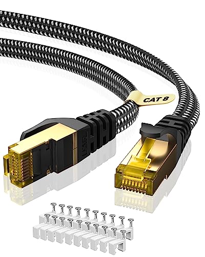 ARISKEEN Cat 8 Ethernet Cable 12M, High-Speed 40Gbps 2000MHz Network Cable Braided Flat Gigabit Rj45 STP Shielded Internet Network Lan Cable Cord for Xbox PS4/5 Modem Router PC