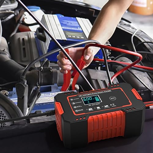 12V/6Amp Car Battery Charger, Smart Fully Automatic Battery Charger with Temperature Compensation for Most Types of Lead Acid Batteries, Red, AC Connection Required