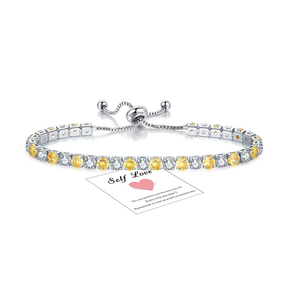 Yellow Tennis Bracelets for Women,Sterling Silver Bracelet-Yellow Adjustable Diamond Bracelet,Silver Crystal Friendship Bracelet,Lady Bracelet Cubic Zircona Jewllery Birthday Gifts for Her