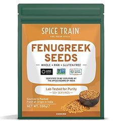 SPICE TRAIN, Fenugreek Seeds (200g/7oz) Non-GMO, Whole Fenugreek Seed/Methi Seeds for Cooking   Resealable Ziplock Pouch