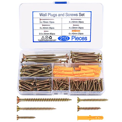 210 Pcs Wood Screws Assortment Set, Self Tapping Countersunk Head Screws, Self Drilling Cross Flat Head Brass Zinc Screws for Wood, with 20 Pcs M6 Screw Anchors