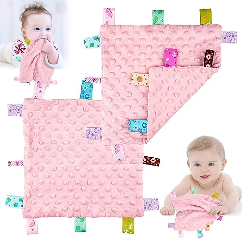 Deepton 2 Pcs Taggies for Babies, 25 x 25 CM Taggy Blanket, Cotton Baby Security Blanket, Tag Security Blankets with Colorful Sensory Label, Soothing Plush Baby Comforter Blanket - Pink