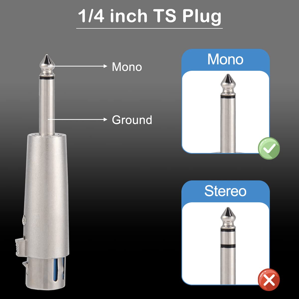 Xiatiaosann XLR 3 Pin Female Male to 1/4 inches 6.35mm Male Audio Mono Adapter TS Socket Jack for Microphone Mixer, XLR Connector Plug Converter, Metal Adapter, 6 PCS