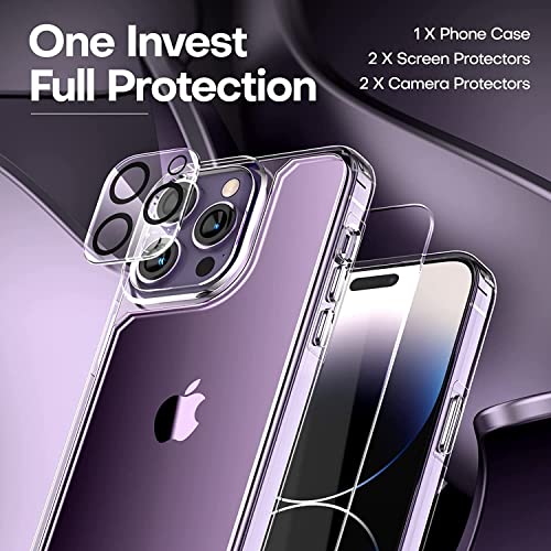 TAURI 5 in 1 for iPhone 14 Pro Case Crystal Clear [Not Yellowing], with 2 Tempered Glass Screen Protector and 2 Camera Lens Protector, [Military Grade Protection] Shockproof Slim Phone Case 6.1 inch