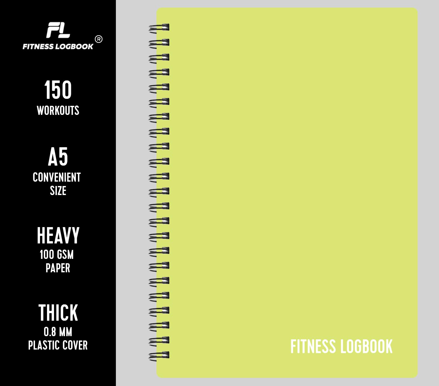 Fitness Logbook - Track 150 Workouts - Thick Paper, Durable Cover - A5 - Undated Workout Journal, Planner Log Book - Track Weight Loss, Muscle Gain, Gym Exercise, Bodybuilding Progress (Lime)