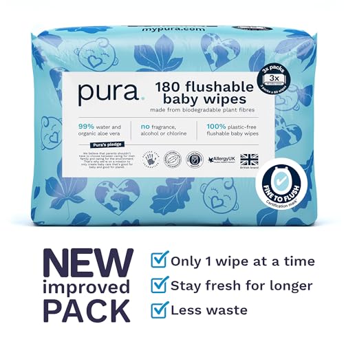 Pura Flushable Baby Water Wipes 3 x 60 per pack, (180 Wet Wipes) 100% Plastic Free, 99% Water, Suitable for Sensitive & Eczema Prone Skin, Biodegradable, Compostable, Vegan, Potty Training