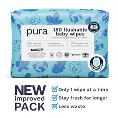 Pura Flushable Baby Water Wipes 3 x 60 per pack, (180 Wet Wipes) 100% Plastic Free, 99% Water, Suitable for Sensitive & Eczema Prone Skin, Biodegradable, Compostable, Vegan, Potty Training