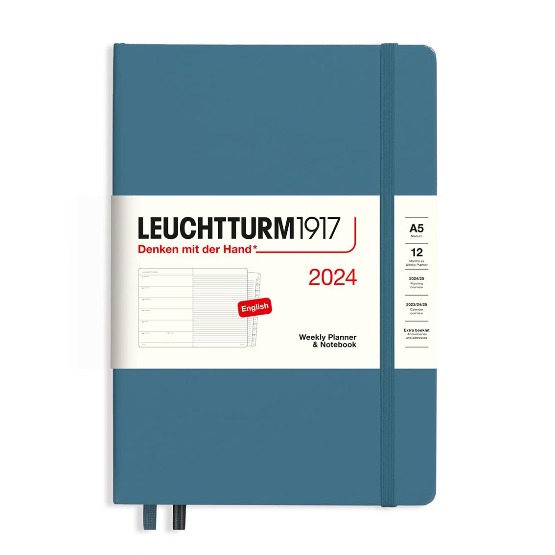 LEUCHTTURM1917 367722 Weekly Planner & Notebook Medium (A5) 2024, with booklet, Stone Blue, English