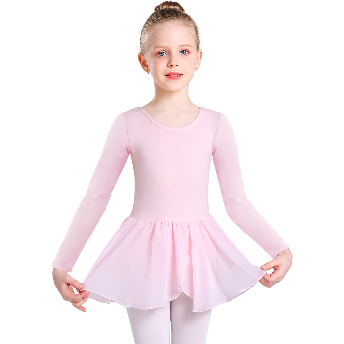 Ballet Leotard for Girls Long Sleeve Cross Straps Ballet Dress Kids Cotton Ballet Outfit Gymnastics Leotard with Chiffon Skirt Suit for 2-11 Years (Pink (Long Sleeve), 130 (120-130cm,5-7 Years))