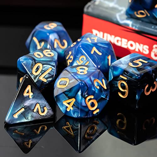 Cusdie 7Pcs/Set DND Dice Set D&D Polyhedral Dice for Dungeons and Dragons Role Playing Dice Games RPGs (Blue Mixed Black)