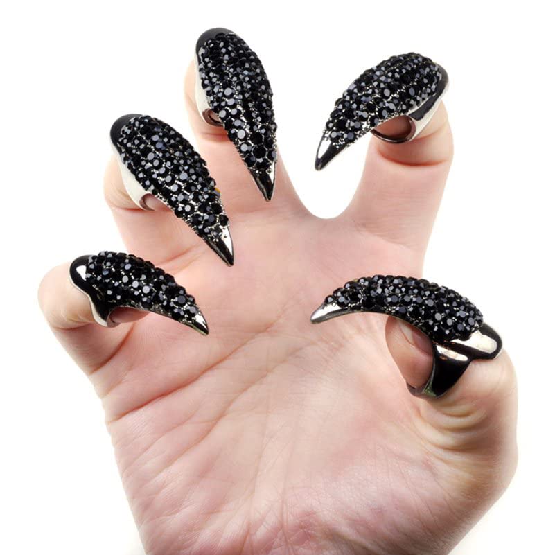 5PCS Halloween Punky Costume Finger Claw Nail Rings Rhinestone Talon Finger Ring Gothic Jewelry Cosplay Nail Finger Tips Holiday Decoration for Unisex