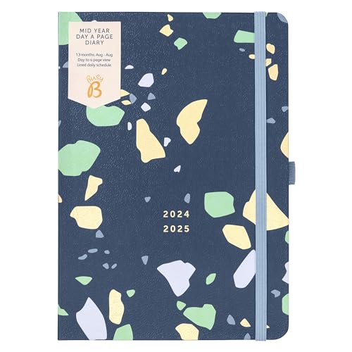 Busy B Mid Year Day a Page Diary August 2024 - August 2025. Terrazzo A5 Daily Planner with Pen Holder, Elastic Closure and Year Planner