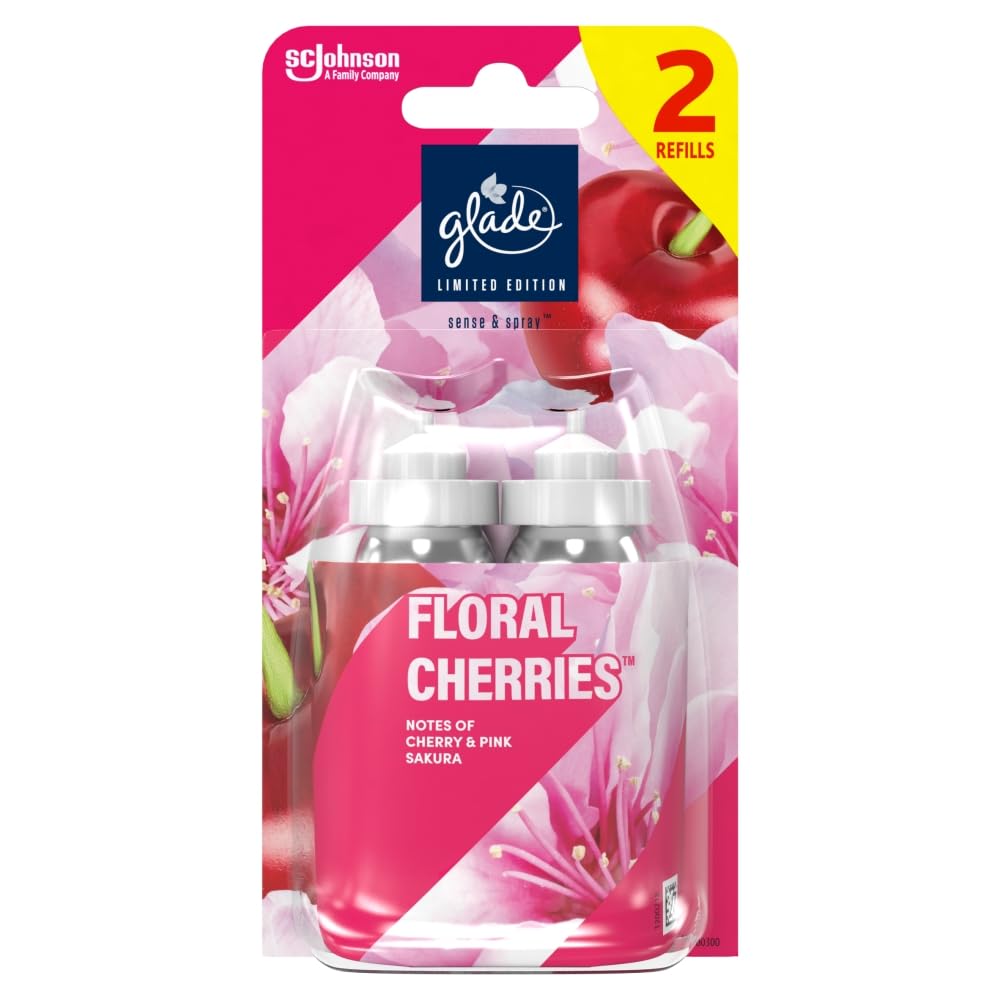 Glade Sense & Spray Air Freshener Refill, Motion Activated Automatic Room Spray and Odour Eliminator for Home, Floral Cherries, One pack (2 x 18ml)