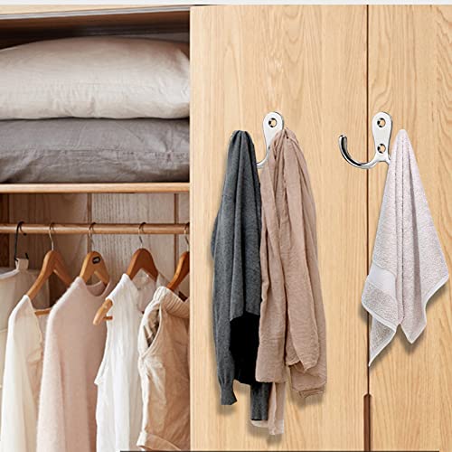 Double Prong Coat Hook Robe Hooks Dual Coat Hooks Wall Mounted Hanging Clothes Metal Door Hooks for Bathroom Bedrooms Hanging Clothes Robe Towel Kitchen (Sliver) - 4PCS