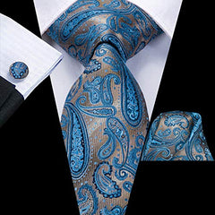 Dubulle Mens Silk Ties Extra Long Blue and Brown Paisley Set Neckties Pocket Square Cufflinks Wedding Party