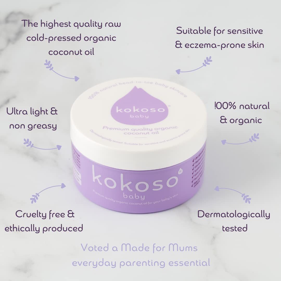 Kokoso Baby Organic Coconut Oil - Moisturising 100% Natural Baby Oil for Baby Massage, Dry, Sensitive and Normal Baby Skin - 200ml