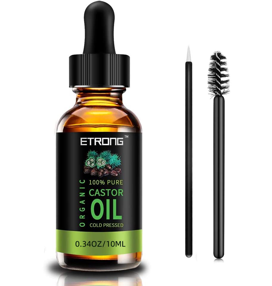 ETRONG Organic Castor Oil,Pure Cold Pressed Castor Oil for Eyebrows,Eyelashes,Hair Growth,Nails,and Skin with 1 Set of Eyebrow&Eyeliner Brushes (10 ml)