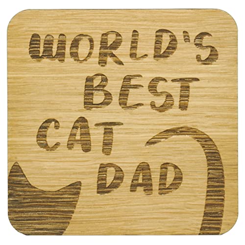 World’s Best Cat Dad Oak Veneer Coaster. Cute Kitty Coaster. Gift for Cat Father. Cat Dad Present. 9.7cm x 9.7cm Drinks Mat