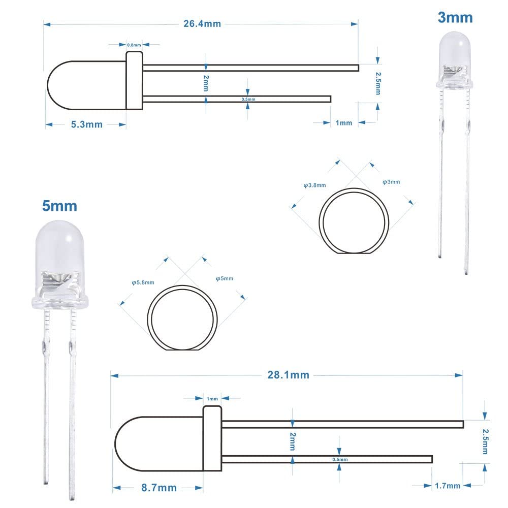 ELEGOO 3m and 5m Diffused and Clear Assorted LED Kit 5 Colors, Pack of 600 (3mm and 5mm 5 Colors) for Arduino