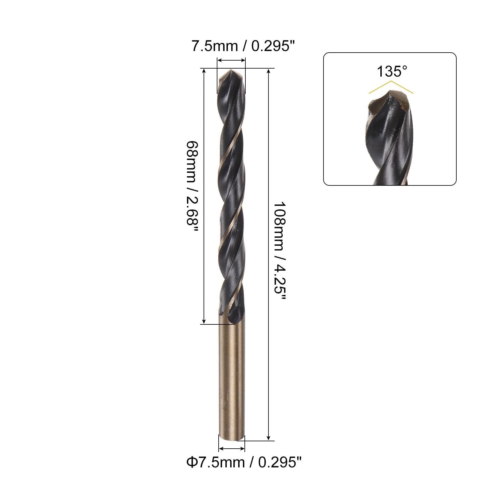 sourcing map 6pcs Jobber Drill Bits 7.5mm Black Nitride & Gold Titanium Coated 4341 High Speed Steel (HSS) 135 Degree Split Point Twist Drill Bits for Stainless Steel Metal Plastic Wood