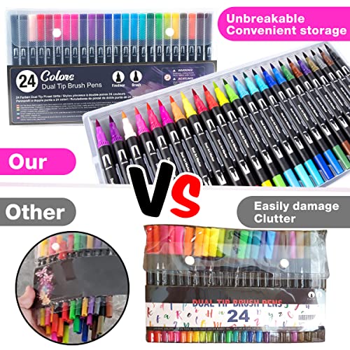 AKARUED Dual Tip Brush Pens: 24 Colouring Pens for Adults Colouring Book, Felt Tip Pens Art Markers for Kids Art Supplies Fineliner Tip Brush Marker for Calligraphy Drawing