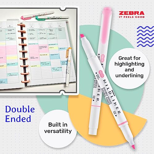 Zebra Pen MILDLINER Dual Tip Highlighter Pens, Pastel Highlighters For Adults, Broad & Fine Tip Markers & Highlighters, Double Ended Pens, 5 Pk - Cool & Refined Colours