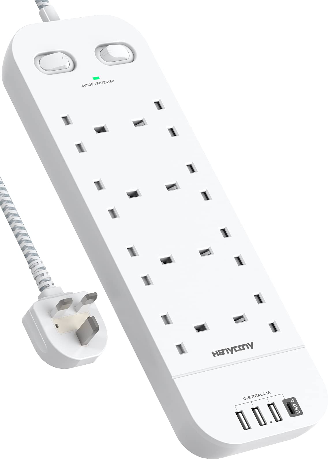 Extension Lead with USB Slots, 8 Way Outlets Power Strip with 4 USB Ports, 1800J Surge Protection Double Switch Plug Extension with 1.8M Braided Extension Cord for Home, Office