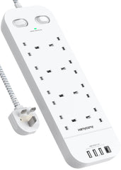 Extension Lead with USB Slots, 8 Way Outlets Power Strip with 4 USB Ports, 1800J Surge Protection Double Switch Plug Extension with 1.8M Braided Extension Cord for Home, Office